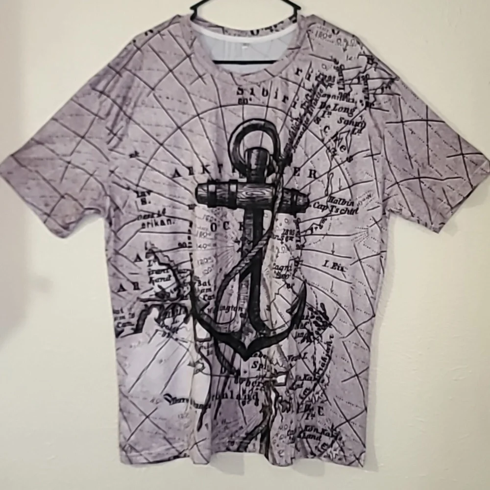Nautical Voyage Anchor Script Mens Graphic T Shirt Dry Fit Grey Size 2XL - Picture 1 of 16